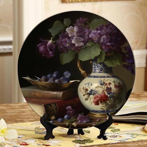 DNOVING 10 Inch Ceramic Decorative Plate with Stand Classic Violet Flower Painting Wall Hanging or Table Decor Household Wobble-Plate
