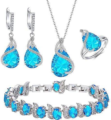 EVER FAITH 4 Stück Tropfen Cubic Zirconia Schmuck Set Glamour Anhänger Halskette Ohrringe Tennis Armband und Offener Ring für Damen Hochzeit Party