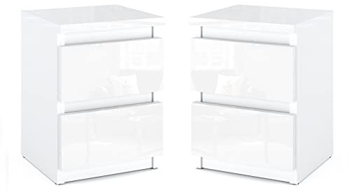 MRBLS_HOME MRBLS Nachttisch 2er Set Nachtschrank Nachtkommode Modern Möbel mit Schubladen Kommode Holz Schubladenschrank für Ihr Schlafzimmer (Weiß Matt - Weiß Glanz) – 30 x 43 x 32,5 cm (B/H/T)