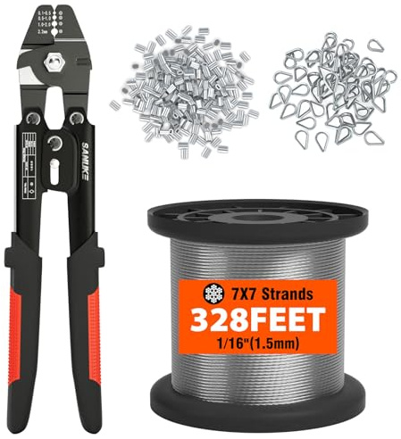 Sanuke Wire Rope Crimp Kit with 328ft Stainless Steel Cable 7x7 Strand Core 1/16'' Aluminum Crimp Loop Sleeves and Wire Rope Stainless Steel Thimble
