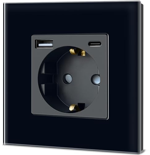 TAWOIA Schuko Steckdose mit USB C 20W, EU-Standard 1 Fach Unterputz Steckdose mit Kristall Glas Platte Wandsteckdosen Schwarz 86 * 86mm