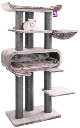 Petrebels Maine Coon Kratzbaum XXL, Route 180 cm hoch, Design Kratzbaum für große Katzen, mit Ø 12cm und Ø 15cm Natur-Sisal Stämme, Farbe Cappuccino