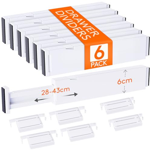 Lifewit 6 Juegos Separadores Cajone de 6 cm Altura, Organizador Armario de Ajustables 28-43 cm con 6 Inserciones Ropa/Maquillaje/Cubertero, Plástico Divisorias para Cocina/Tocador/Escritorio/Baño