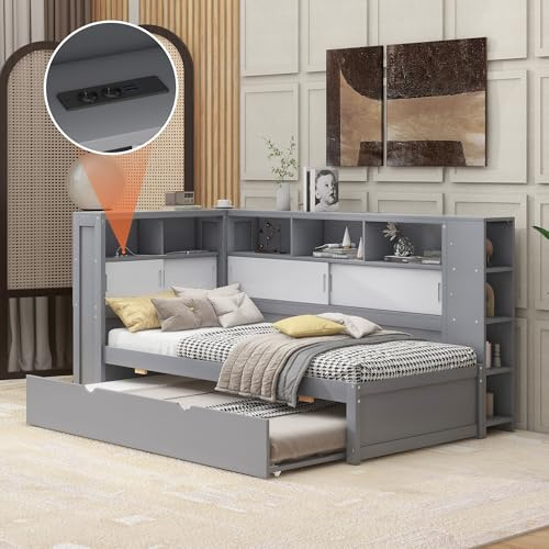 Kayan Plattformbett mit Ausziehbett 90x200cm(90x190cm), Tagesbett mit Staufach und USB, Daybett Kinderbett Einzelbett, Lattenrost aus Holz, Ohne Matratze (Grau)