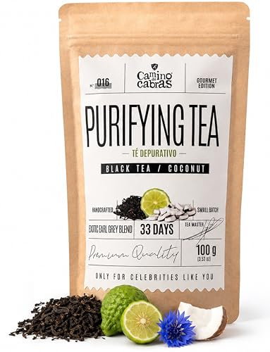 Detox Tee CAMINO DE CABRAS® - Earl Grey Teemischung - Premium Schwarzer Tee Lose aus Ceylon und Assam mit Bergamotte, Kokosnuss, Schachtelhalm - Antioxidantien - Kräutertee - Natürliche Zutaten 100g