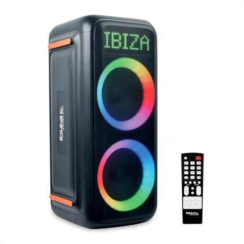 ibiza- GRAFFIK600-2x8/20cm Hochleistungs-Aktivlautsprecher mit wiederaufladbarem Akku - Zwei Lichteffekte - Bluetooth, USB, Micro-SD, AUX, Gitarre und Mikrofon - Schwarz