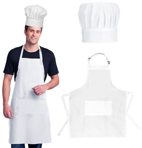 Grembiule da cuoco con cappello e grembiule da cucina in cotone con 2 tasche regolabili bianco costume da panettiere adulto cappello da chef grembiule per uomini donne, bianco, Adjustable, One Size