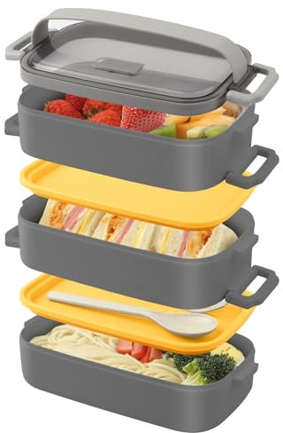 Beeptrum Bento Box,Bento Lunch Box for Adults and Kids,3 Layer Food Storage Containers,Leakproof,with Fork,Spoon, Suitable for Adults Lunch Box for Work Office School (2.25L Grey,PP Material)