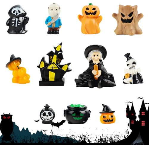 TIVUNORON Mini Figuren Dekorative, 11Pcs Halloween Mini Skulpturen, Hexenbesen Kürbis-Elfe Geist Horror Ornament Spielzeug, Jungen und Mädchen Halloween Miniatur Modell Zubehör