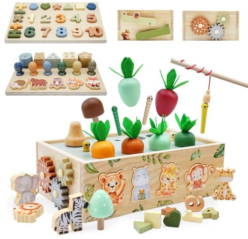 Montessori Spielzeug ab 1 Jahr,9 in 1 Holzspielzeug Montessori ab 1 2 3 Jahre,Safari Motorikspielzeug ab 1 jahr, Motorikwürfel kinderspielzeug ab 1 jahr, Geburtstag Geschenk Mädchen Jungen 1 2 3 Jahre