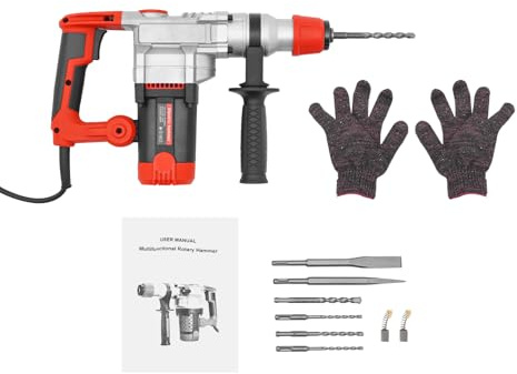 MINRS Marteau perforateur 2200 W Perceuse à percussion 0-930 tr/min avec poignée antidérapante rotative à 360 °, 4 forets hélicoïdaux, 1 burin plat, burin pointu et mallette