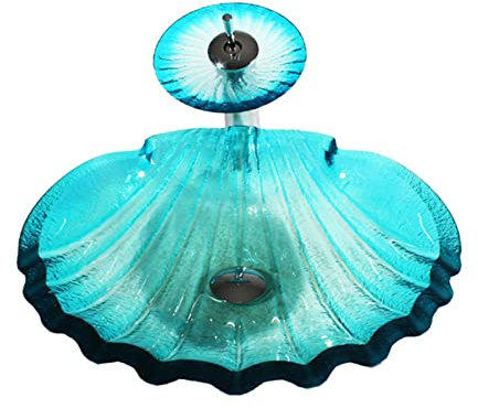 UHJKLA Lavandino da appoggio per Il Bagno, Forma di Conchiglia Blu, Dipinto a Mano, Lussuoso lavabo in Vetro temperato per Il Bagno con Rubinetto a Cascata,