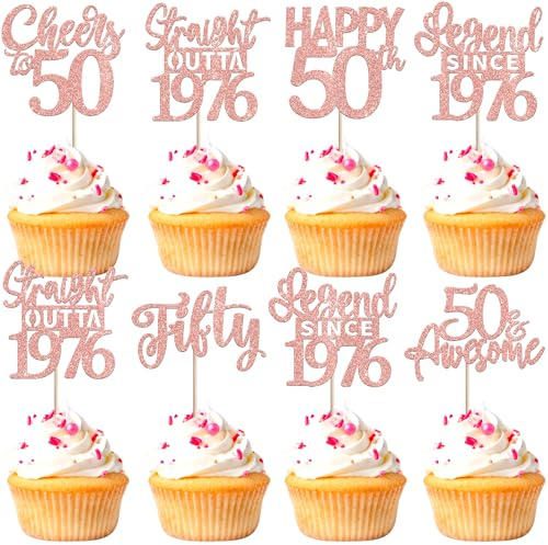 SYKYCTCY 24 Pack Happy 50th Birthday Cupcake Toppers Glitter Fifty Straight Outta 1976 Legend Since 1976 Cupcake Picks for Cheers to 50 Birthday Anniversary Party Cake Decorations Supplies