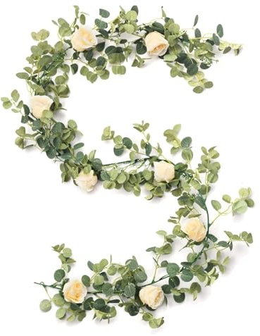 Hochzeitsdekoration, künstliche Blumengirlande, künstliche Rose, Eukalyptus, grüne Blätter, hängende Ranke, Hochzeit, Zuhause, Party, Garten, Kunsthandwerk, Kunstdekoration, Türkranz(Champagne)