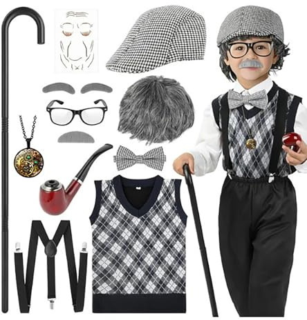 Costume Carnevale Bambino,Costume da 100 giorni di scuola per bambini, costume da vecchio, cappello, occhiali e gilet da nonno per bambino