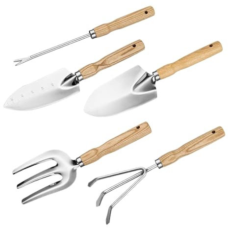 Gartenwerkzeug Set, 5 Stück Gartengeräte Set aus Edelstahl, Handwerkzeuge enthält Klein Schaufel, Gartenbepflanzung Schaufel Topfblumen Gartengeräte Lose Boden Rechen Geschenke für Frauen Frau Mama