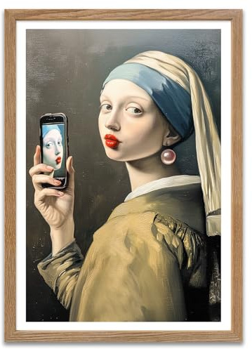 ARTFAVES® Poster - Perlenohrring Mädchen modern | Wanddeko Wandbild Kunst Modern Witzig | mit Rahmen Weiss | 21 x 30 cm