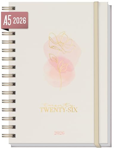 Häfft® Internationell kalender 2026 A5 Soft Flower med spiralbindning på språken: EN/FR/IT/ES - personlig organiserare, timer, ringkalender, livsplanerare - hållbar & klimatvänlig