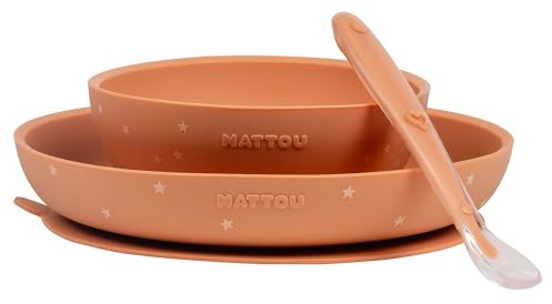 Nattou Stoviglie in Silicone per Bambini, 3 Pezzi, 1 Cucchiaio, 1 Piatto Piano, 1 Piatto Fondo, Antiscivolo, Senza BPA, Silicone, Terracotta