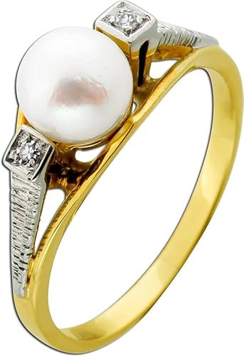 Ch.Abramowicz Perlenring Gold 585 Weißgold 14K Akoyaperle Diamanten Antikschmuck 17