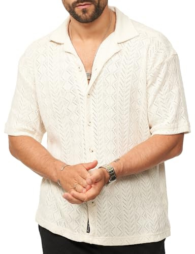behype. Herren Hemd Kurzarm Strick Overshirt Knit Freizeithemd T-Shirt Oversize Regular-Fit Vintage Sommer-Look CR_9250-Ecru-XL