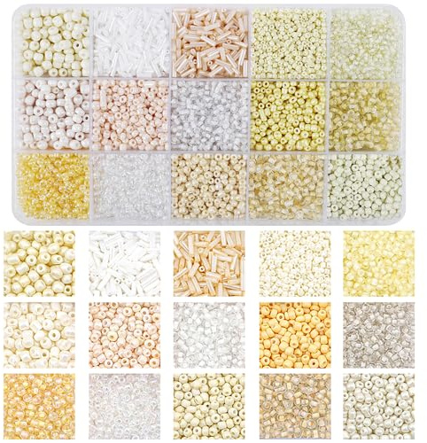Glasperlen Set 15 Farben Kleine Seed Beads & Bugelperlen in Aufbewahrungsbox, DIY Schmuckherstellung Perlen für Armbänder, Halsketten, Ohrringe (Weiß/Beige) (Beige)