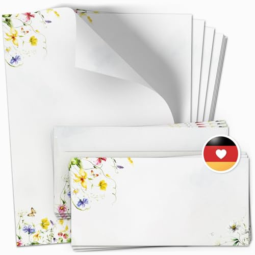 10 Briefpapier und Briefumschlag Set | Blumen Sommer Frühling Ostern | Schreibpapier A4 & Umschlag DIN Lang | Design Papier