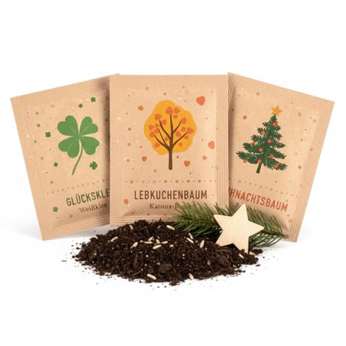 Saatgut 3er Set Frühling: Weihnachtsbaum, Glücksklee, Lebkuchenbaum | Nachhaltige Pflanzgeschenke für Frühling und Ostern. Ideal als kleines Geschenk, Mitbringsel oder Überraschung.