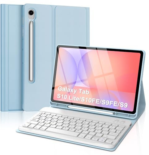 Funda con Teclado para Samsung Galaxy Tab S10 Lite 10.9 2025/S10 FE 10.9 2025/S9 FE 10.9 2023/S9 11 2023, Bluetooth Magnético Teclado Funda con Portalápices, QWERTY Español Ñ, Azul Claro