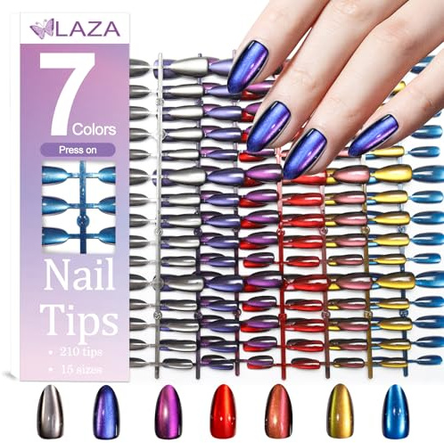 Laza 210pcs Cat Eye Press on Nails Almond 7 Colors Galaxy Acrylic Fake Nail | Reusable & Long-Lasting, Natural Fit, Artificial False Nail Tips, Chameleon Glitter Effect 15 Sizes Almond Press On Nails