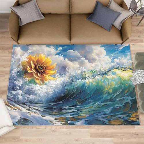 Sunflower Teppiche Wohnzimmer - 140 x 200 cm Wellenteppich Kurzflor Teppiche Impressionismus Ölgemälde Anti-Rutsch-Teppiche Pflegeleicht für Jungen Schlafzimmer Esszimmer