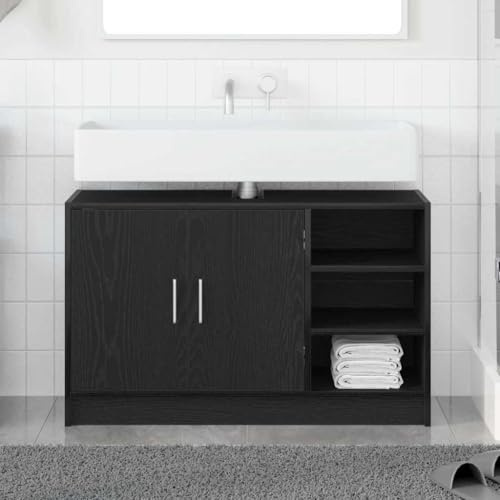 Mhdvray Mobile sottolavabo, colore nero, effetto rovere, 90 x 29 x 55 cm, in legno massiccio, fascino rustico, moderno da bagno, con ampio spazio per il bagno degli ospiti