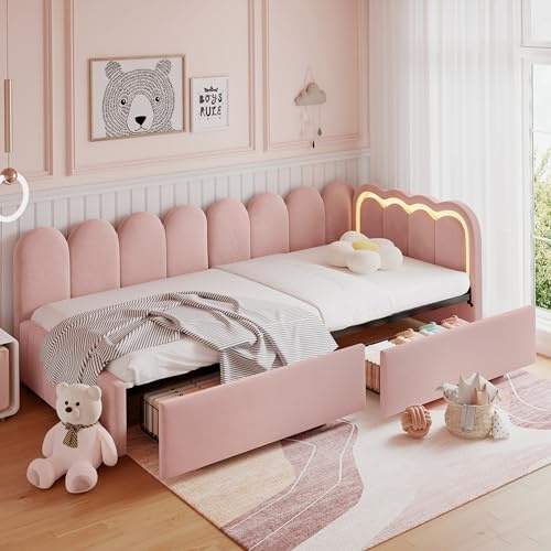 Miyemo Day Bed, 3ft Upholstered Single Bed Frame with Storage Drawers & RGB LED-Lights, Velvet Sofa Bed with Scalloped Backrest & Wooden Slats, Reversible Side Panel, 90x190cm, Pink, (No Mattress)
