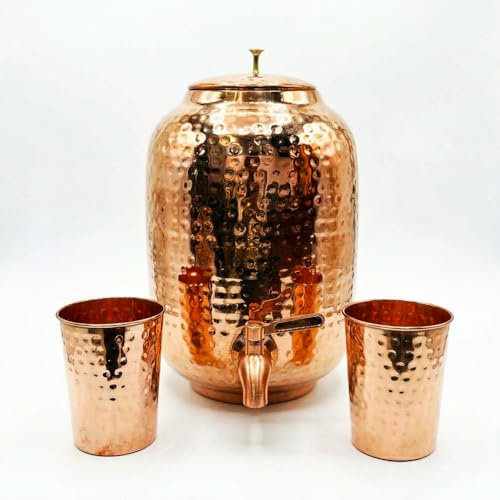 Kupfer Wasserspender 4 Liter Mit 2 Bechern, 99.99% Reines Kupfer, Keine Innenbeschichtung, Auslaufsicherer Hahn, Weite Öffnung, Handgefertigt, Ayurvedisch, Antimikrobiell, Umweltfreundlich
