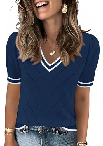 Rapbin Pull à manches courtes bouffantes pour femme - Col en V - Vêtement d'été décontracté - Pull de travail, Bleu marine/blanc/rayures, M