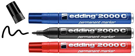 edding 2000 C Marcatore Permanente, Nero, Blu, Rosso, Blister 3Pz, Punta Tonda, Asciugatura Rapida, Impermeabile, per Cartone, Plastica, Legno, Metallo, Vetro