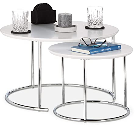 Relaxdays Beistelltisch 2er Set rund, Kleiner Couchtisch matt, Satztisch Holz und Metall, verchromt, 60x60 cm, weiß