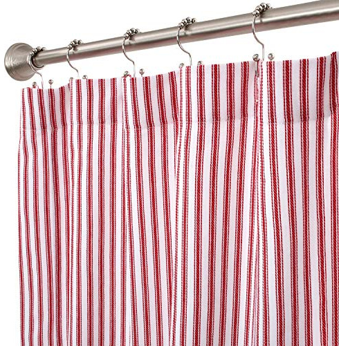 Cackleberry Home Red and White Ticking Stripe Woven Cotton Shower Curtain 72 Inches W x 72 Inches L