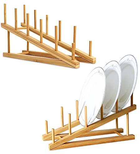 TIE-DailyNec 2 PCS Wooden Dish Rack Bamboo Plate Rack Stand Pot Lid Holder, Dish Drying Rack Kitchen Cabinet Organizer for Cup, Cutting Board, Bowl