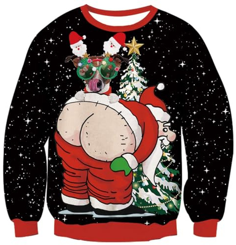 Fanient Maglioni di Natale Uomo Stampa 3D Babbo Natale Modello Nero Maniche Lunghe Felpe Divertenti XL