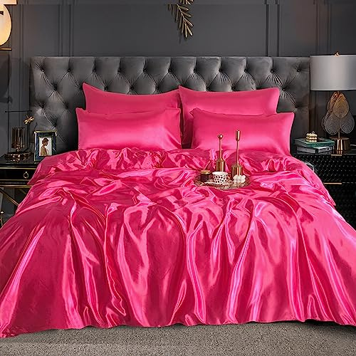 CHARKHAH Satin Silk 6 Piece Complete Bedding Set Durable Silky Fabric with Single Double King Size Bed Fitted Sheet Duvet Cover Comforter and 4 Pillow Cases (Single, Fuchsia-Pink)