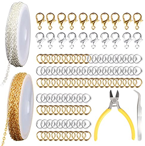 Zyranfa 2 STK 5m Schmuckkette Gliederkette Meterware Schmuckherstellung Kit Silber Gelb Schmuck machen Kette dünn Jewelry Link Chain mit 20 Karabinerverschluss und 100 Biegeringe für DIY Halskette 3mm
