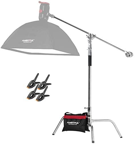 AMBITFUL Support en Forme de C Robuste en Acier Inoxydable avec Perche – Hauteur maximale 320 cm – Support d'éclairage de Photographie avec Bras de Maintien de 128 cm, 2 têtes de préhension