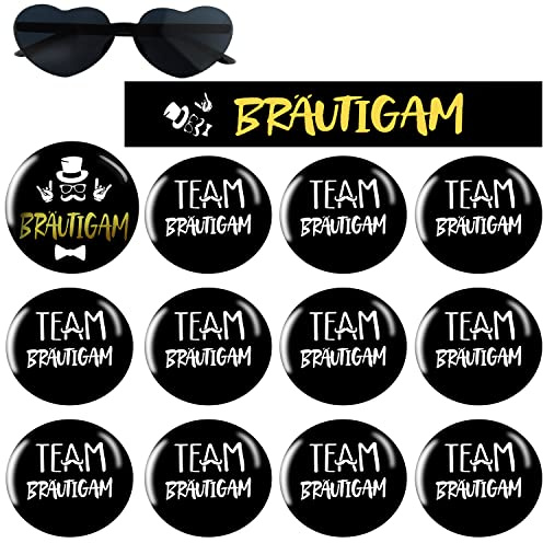 CHRI JGA Deko Männer Bräutigam Schärpe Button Set mit 11 Team Bräutigam Buttons Anstecker 1 Brille für Junggesellenabschied Engagement Feiern Bedarf Schwarz Gold(14 Stück)