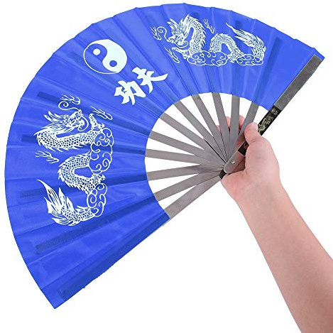FILFEEL Edelstahl-Faltfächer für Tai Chi & Kung Fu - Robuster, eleganter Tanzfächer im klassischen Design 64 x 35 cm(Blau)