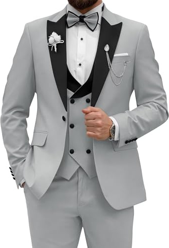 Costume de Smoking 3 pièces pour Homme - Coupe ajustée - Châle à Revers - Blazer pour fête de Mariage, dîner, Bal de Fin d'année, Gris argenté., Taille M