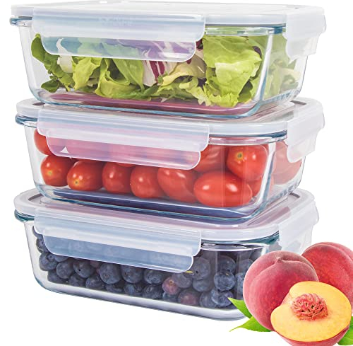 Classbach® Meal Prep Boxen, set di 3 contenitori in vetro con coperchio adatti a lavastoviglie, microonde e forno, contenitori in vetro per una dieta sana, 3x 1040 ml - C-FHD 4020 G
