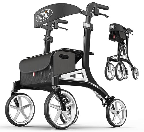 VOCIC Déambulateur pliable léger, rollators avec siège, dossier réglable, déambulateur en aluminium intérieur/extérieur, Noir