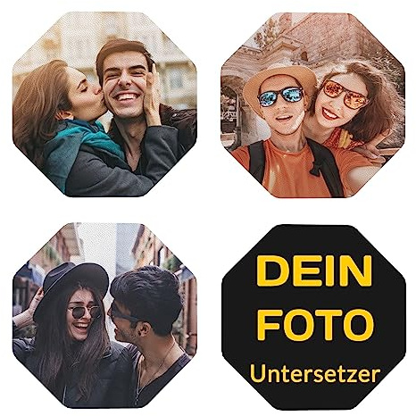Personalisierte Foto-Untersetzer aus PVC-Leder, Bierdeckel mit eigenem Bild und Text, Abwaschbare Getränkeuntersetzer Selbst Gestalten, Geschenk für Geburtstag Hochzeit Familie (Achteckig, 4er Set)