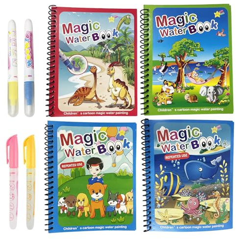 Lot de 4 stylos plus 4 livres de coloriage à l'eau pour enfants - Livre de dessin magique à l'eau, planche de peinture avec eau magique, cahiers de coloriage pour les petits artistes!